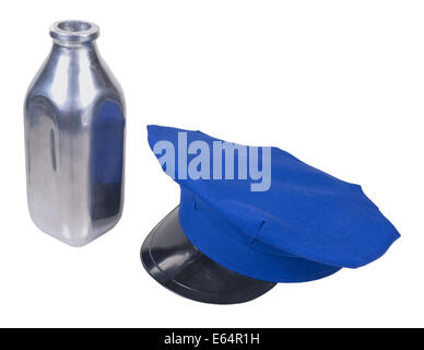 Milkman delivery hat and silver milk bottle - path included Stock Photo