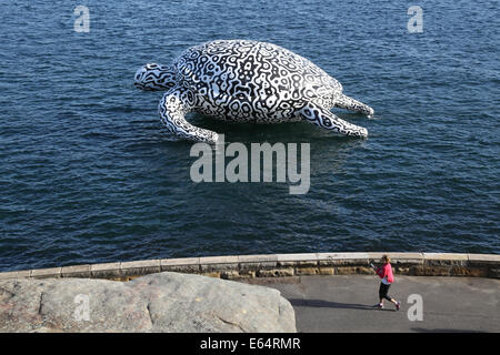 Sydney, NSW 2000, Australia. 15 August 2014. To celebrate the opening of World's first Undersea Art Exhibition at Sydney Aquarium a giant 15m floating sea turtle sculpture appeared on Sydney Harbour. Pictured a passerby has a look and takes a photo of the giant 15m floating sea turtle sculpture on Sydney Harbour from near Mrs Macquarie's Chair. Copyright Credit:  2014 Richard Milnes/Alamy Live News. Stock Photo