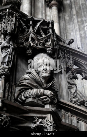 Vienna, Austria. Stephansdom (Cathedral) Gothic Pulpit (c1500) by Anton Pilgram. Head of one of the Church fathers - Ambrosius Stock Photo