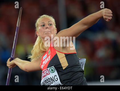 Zurich, Switzerland. 14th Aug, 2014. Christin Hussong of Germany competes in the women's javelin final at the European Athletics Championships 2014 at the Letzigrund Stadium in Zurich, Switzerland, 14 August 2014. Photo: Bernd Thissen/dpa/Alamy Live News Stock Photo