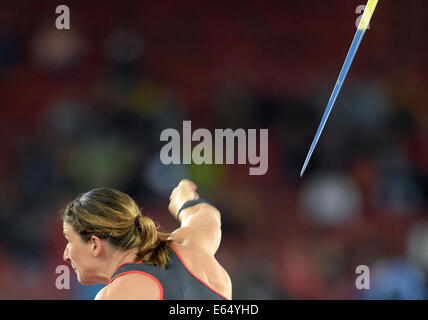 Zurich, Switzerland. 14th Aug, 2014. Linda Stahl of Germany competes in the women's javelin final at the European Athletics Championships 2014 at the Letzigrund Stadium in Zurich, Switzerland, 14 August 2014. Photo: Bernd Thissen/dpa/Alamy Live News Stock Photo