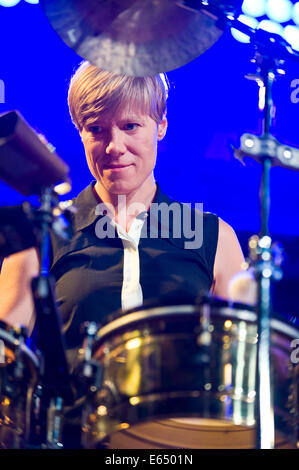 Live music female percussionist with Loose Tubes 21-piece big band on stage at Brecon Jazz Festival 2014 Stock Photo