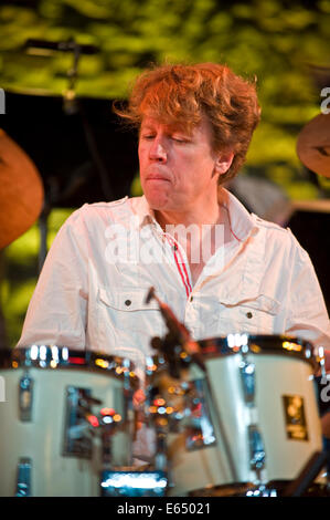 Live music drummer with Loose Tubes 21-piece big band on stage at Brecon Jazz Festival 2014 Stock Photo