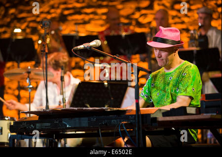 Live music keyboard player with Loose Tubes 21-piece big band on stage at Brecon Jazz Festival 2014 Stock Photo