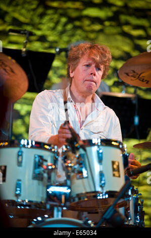 Live music drummer with Loose Tubes 21-piece big band on stage at Brecon Jazz Festival 2014 Stock Photo