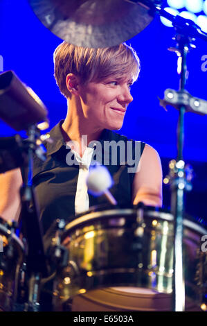 Live music female percussionist with Loose Tubes 21-piece big band on stage at Brecon Jazz Festival 2014 Stock Photo