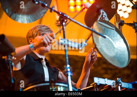 Live music female percussionist with Loose Tubes 21-piece big band on stage at Brecon Jazz Festival 2014 Stock Photo