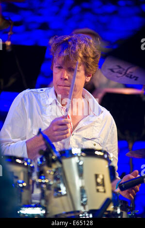 Live music drummer with Loose Tubes 21-piece big band on stage at Brecon Jazz Festival 2014 Stock Photo