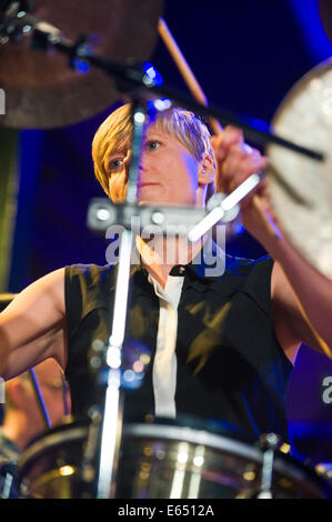 Live music female percussionist with Loose Tubes 21-piece big band on stage at Brecon Jazz Festival 2014 Stock Photo