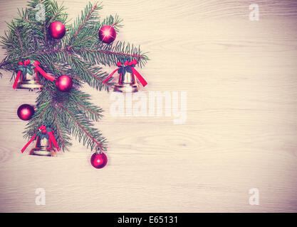 Vintage Christmas background, decoration on a wooden board. Stock Photo
