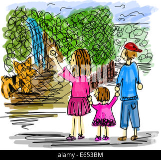 Illustration of a family at the zoo Stock Photo