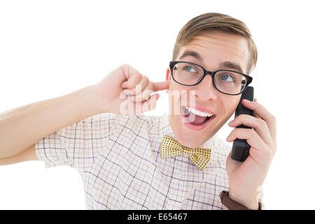 Nerdy hipster talking on retro phone Stock Photo