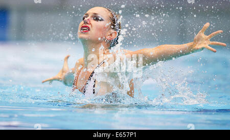 Berlin, Germany. 15th Aug, 2014. Margaux Chretien of France competes in the Solo Free Preliminary at the 32nd LEN European Swimming Championships 2014 at the Schwimm- und Sporthalle im Europa-Sportpark (SSE) in Berlin, Germany, 15 August 2014. Photo: Hannibal/dpa/Alamy Live News Stock Photo