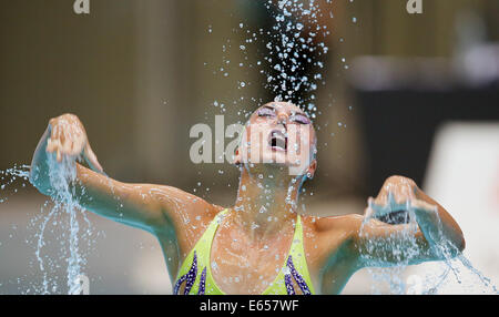 Berlin, Germany. 15th Aug, 2014. Evangelia Platanioti of Greece competes in the Solo Free Preliminary at the 32nd LEN European Swimming Championships 2014 at the Schwimm- und Sporthalle im Europa-Sportpark (SSE) in Berlin, Germany, 15 August 2014. Photo: Hannibal/dpa/Alamy Live News Stock Photo