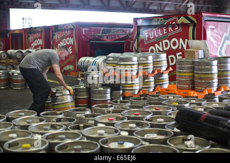 The loading depot where beer kegs and barrels are loaded into trucks at Fuller's Brewery founded in 1845, Chiswick, London UK Stock Photo