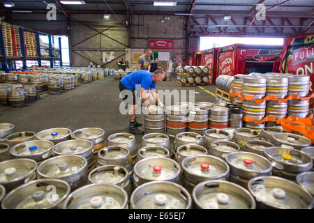 The loading depot where beer kegs and barrels are loaded into trucks at Fuller's Brewery founded in 1845, Chiswick, London UK Stock Photo