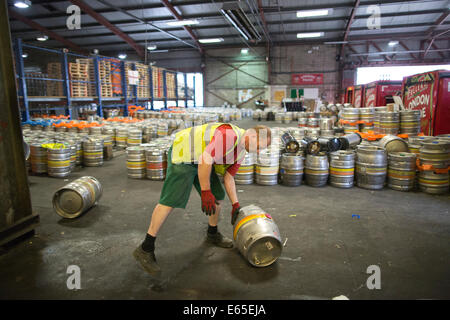 The loading depot where beer kegs and barrels are loaded into trucks at Fuller's Brewery founded in 1845, Chiswick, London UK Stock Photo