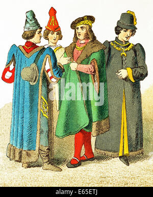 The figures represented here date to the A.D. 1400s. They represent four Frenchmen of rank. The illustration dates to 1882. Stock Photo