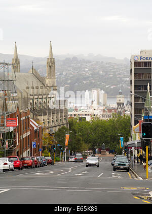 A view down Stuart Street from above The Octagon, Dunedin, New Zealand Stock Photo