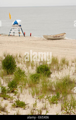 A lifeguard boat and tower along the beach in Cape May, New Jersey on the Jersey Shore Stock Photo