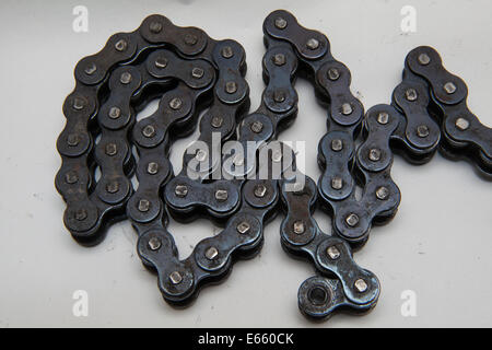 Heavily worn final drive chain of a Triumph Daytona T100R classic motorcycle, 500cc, british motorbike Stock Photo