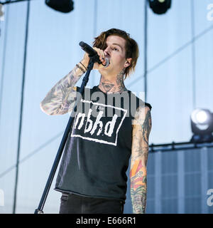 Raleigh, North Carolina, USA. 8th July, 2014. Music Artist THE NEIGHBOURHOOD performs at the Red Hat Amphitheater in North Carolina. The Neighbourhood (sometimes stylized as ''THE NBHD'') is an American rock band formed in August 2011. The band is composed of vocalist Jesse Rutherford, guitarists Jeremy Freedman and Zach Abels, bassist Mikey Margott and drummer Brandon Fried. © Andy Martin Jr./ZUMA Wire/Alamy Live News Stock Photo