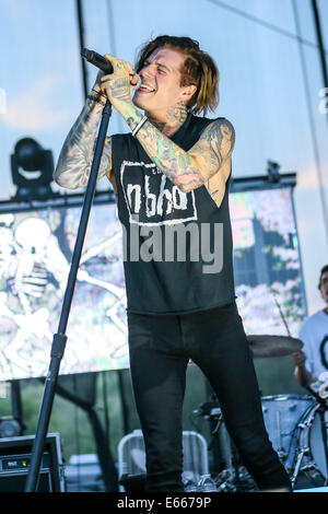 Raleigh, North Carolina, USA. 8th July, 2014. Music Artist THE NEIGHBOURHOOD performs at the Red Hat Amphitheater in North Carolina. The Neighbourhood (sometimes stylized as ''THE NBHD'') is an American rock band formed in August 2011. The band is composed of vocalist Jesse Rutherford, guitarists Jeremy Freedman and Zach Abels, bassist Mikey Margott and drummer Brandon Fried. © Andy Martin Jr./ZUMA Wire/Alamy Live News Stock Photo