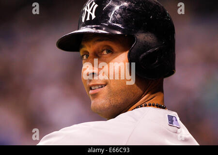 St. Petersburg, FL, USA. 15th Aug, 2014. New York Yankees shortstop DEREK JETER looks back before his at bat during the game between New York Yankees and Tampa Bay Rays at Tropicana Field. Credit:  ZUMA Press, Inc/Alamy Live News Stock Photo