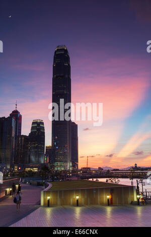 Tamar Park and skyscrapers of Central at sunset, Hong Kong Island, Hong Kong Stock Photo