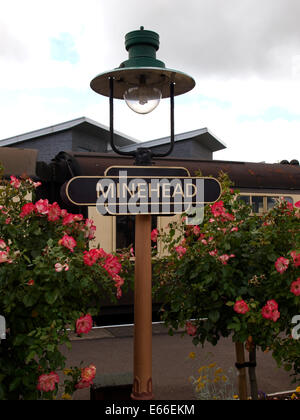 Light and sign on platform at Minehead Station, Somerset, UK Stock Photo