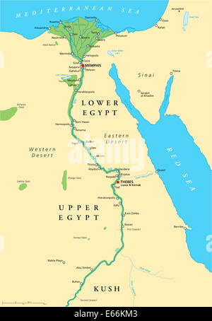Ancient Egypt Map. Historical map of Ancient Egypt with most important sights, with rivers and lakes. English labeling. Stock Photo