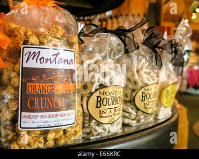 Montana Crunch Brand Carmel Corn and Snack Pretzels in Bags, Hi-Country Trading Post, Lincoln, Montana Stock Photo