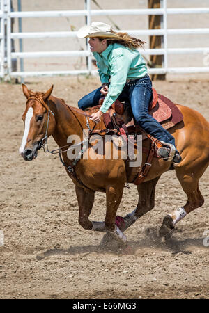 Cowgirl on horseback riding in the ladies barrel racing event, Chaffee County Fair & Rodeo Stock Photo