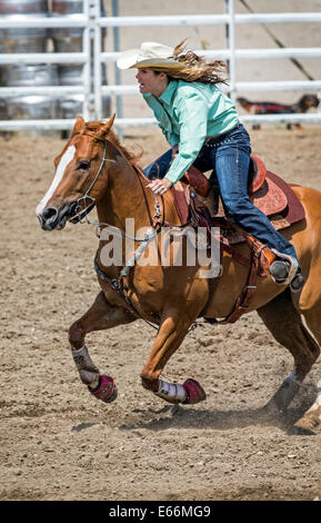 Cowgirl on horseback riding in the ladies barrel racing event, Chaffee County Fair & Rodeo Stock Photo