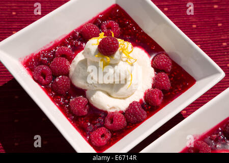 Raspberries dessert with mascarpone, honney and vanilla Stock Photo