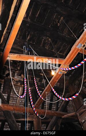 Bell ringing ropes inside St Marys church bell tower, Pembridge, Herefordshire, England, UK, Western Europe. Stock Photo
