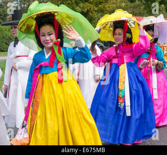 Dancers from South Korea in traditional costume. Stock Photo