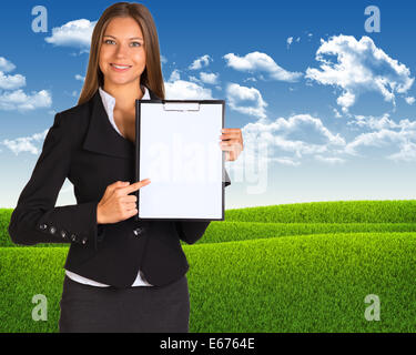 Businesswoman stand holding paper holder Stock Photo - Alamy