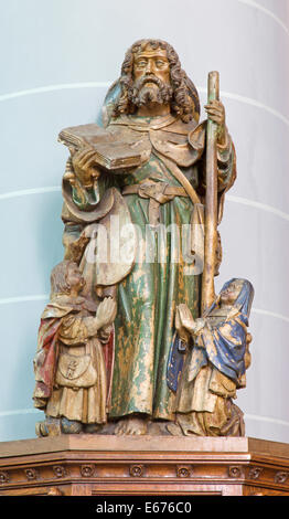 BRUGGE, BELGIUM - JUNE 12, 2014: The carved statue of the apostle st. Jacob  in st. Jocobs church (Jakobskerk) Stock Photo