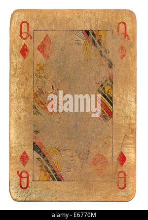 ancient used rubbed playing card queen of diamonds paper background. Isolated on white Stock Photo