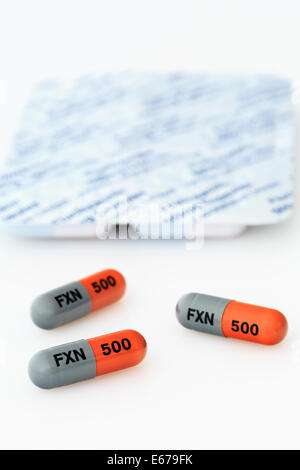 Blister pack with Flucloxacillin 500 mg oral antibiotic capsules containing penicillin for treating bacterial infections.