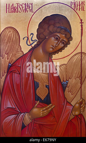 BRUGES, BELGIUM - JUNE 13, 2014: Saint archangel Michael  in st. Constanstine and Helena orthodx church (2007 - 2008). Stock Photo