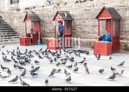 feeding the pigeons in front of Yeni Mosque by the spice market in Istanbul Stock Photo