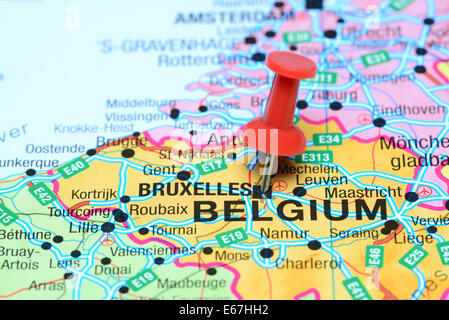 Brussels pinned on a map of europe Stock Photo