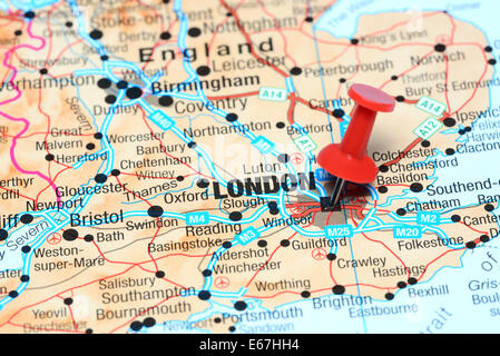 London pinned on a map of europe Stock Photo