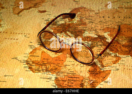 Glasses on a map of a world - Egypt Stock Photo