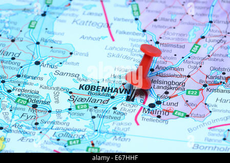 Copenhagen pinned on a map of europe Stock Photo