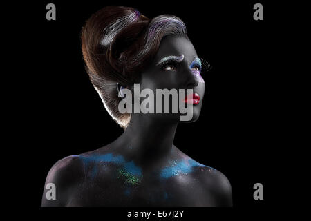 Fantasy. Artistry. Extravagant Woman with Creative Futuristic Bodyart Stock Photo