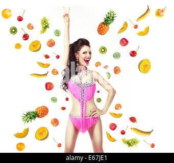 Healthy Lifestyle & Diet Concept. Woman with Mix of Juicy Fresh Fruit Stock Photo