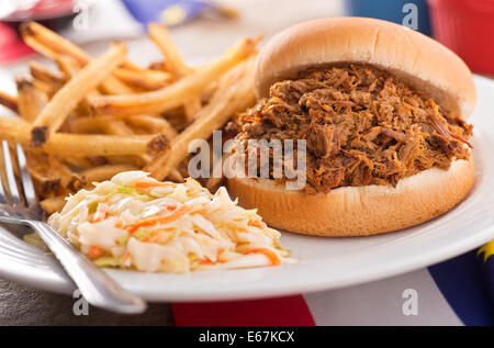 A delicious barbecued pulled pork sandwich with coleslaw and french fries. Stock Photo